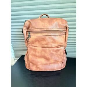 Cluci Brown Faux Leather Backpack Purse Womens Multi Pocket Travel Bag